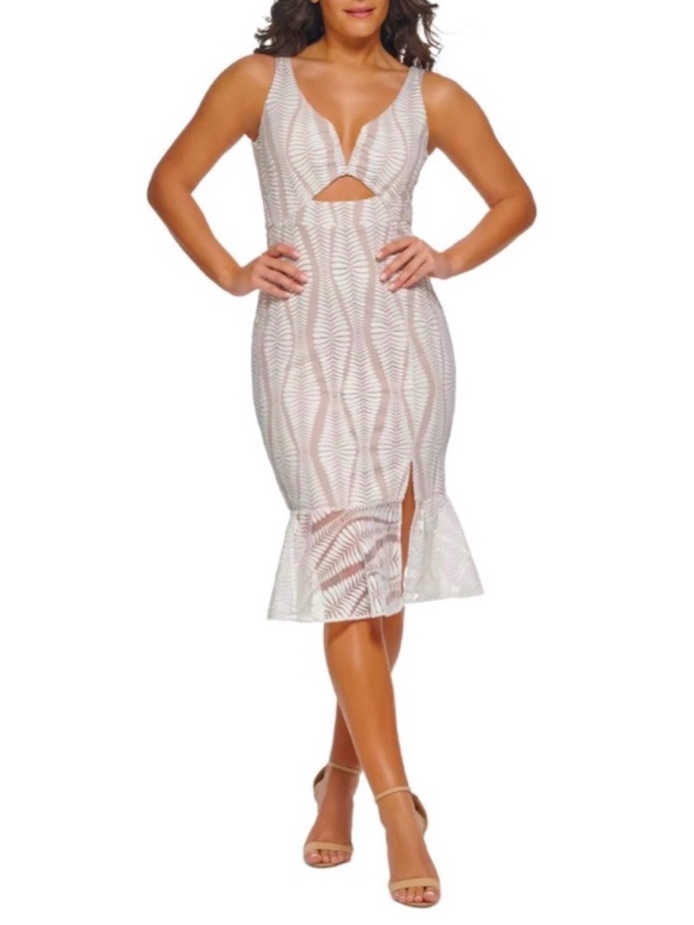 Guess White & Blush Cutout Lace-Pattern Midi Dress